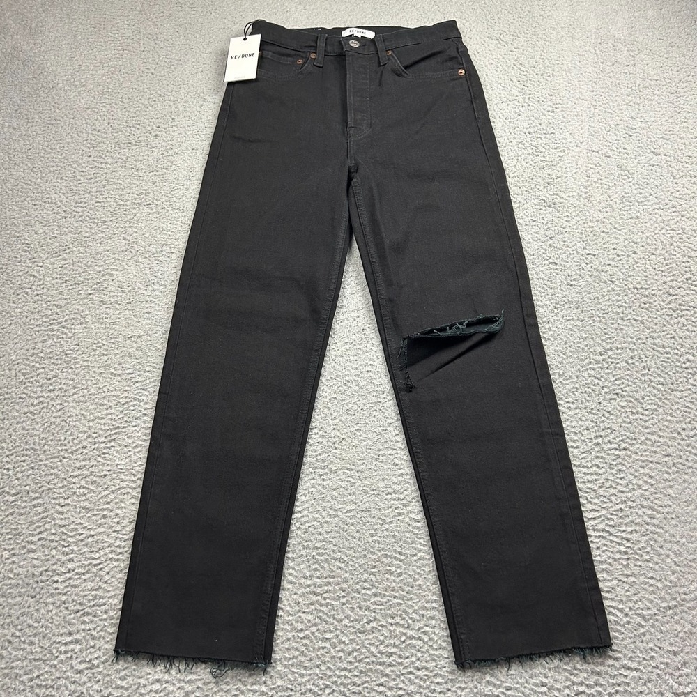 NEW Re/Done Jeans Womens 27 Black Noir With Rip 70s Stove Pipe Denim 285$